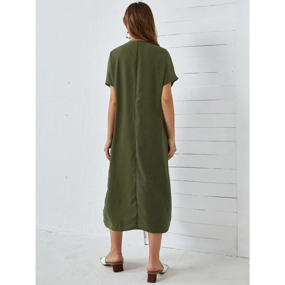 Maternity V neck Solid Tunic midi Dress olive green - Picture 3 of 5